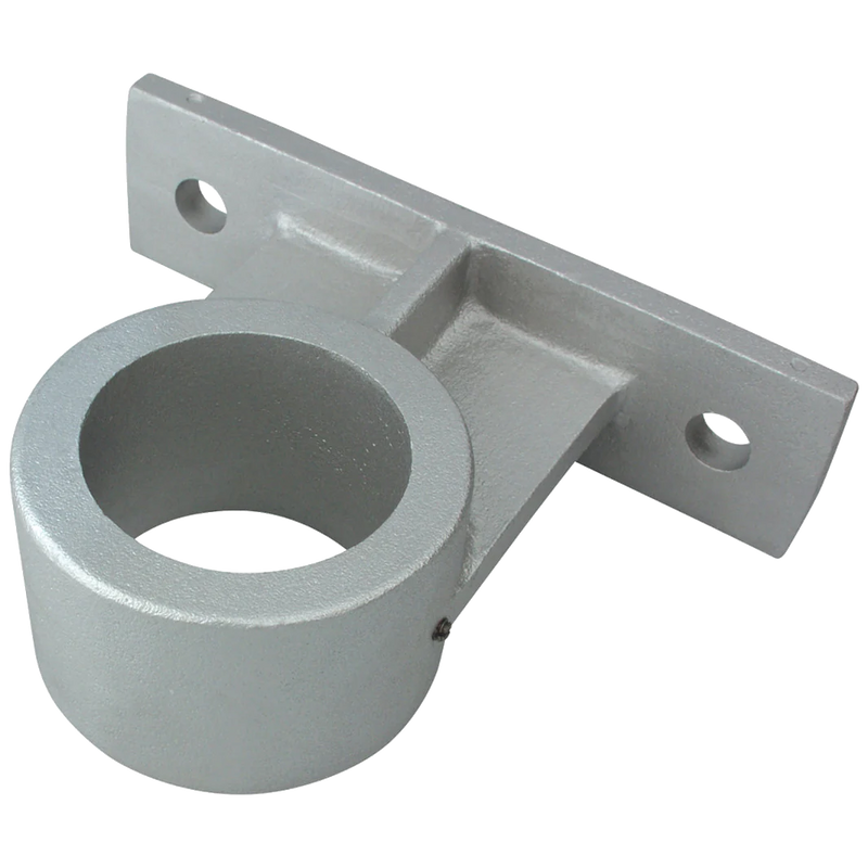 Load image into Gallery viewer, Silver cast aluminum wall mounting bracket with two screw holes and a circular opening designed to hold a flagpole securely in place.