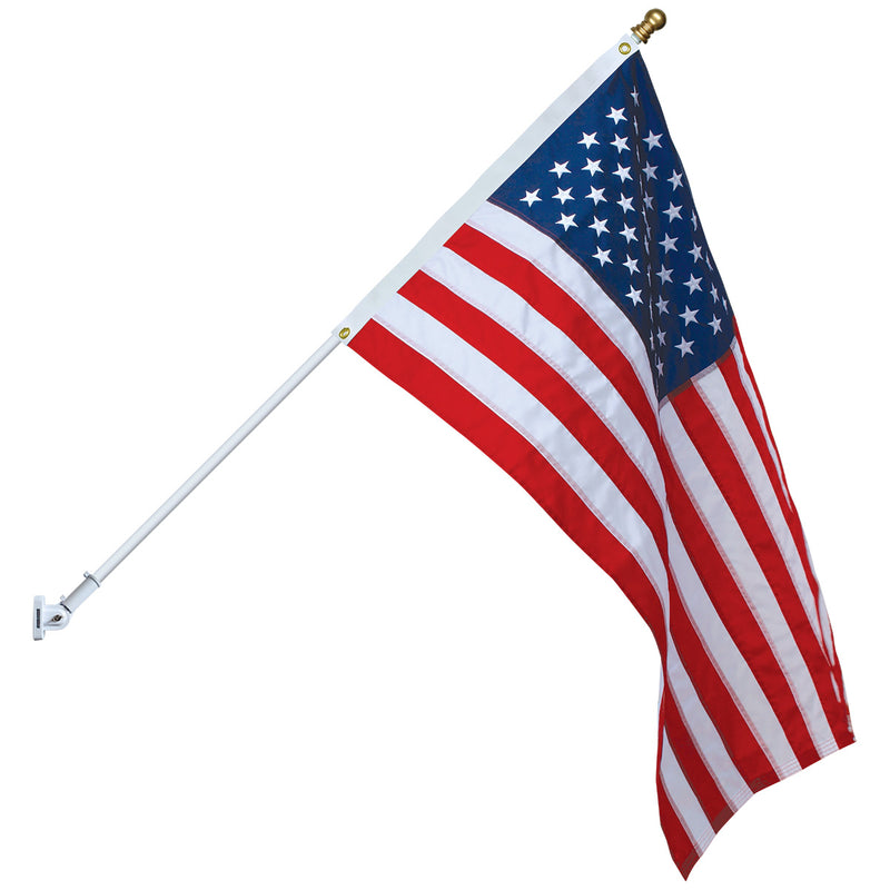 Load image into Gallery viewer, White aluminum rotating flagpole with an American flag mounted on a wall bracket.