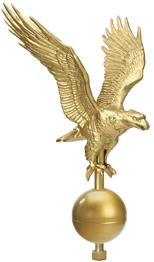 Load image into Gallery viewer, Gold eagle flagpole finial with spread wings mounted on a gold aluminum ball and threaded base.