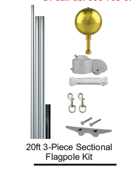 Load image into Gallery viewer, All included parts for the 20ft 3-piece American Tapered Sectional Flagpole Kit, including pole sections, gold ball ornament, halyard, and cleat.