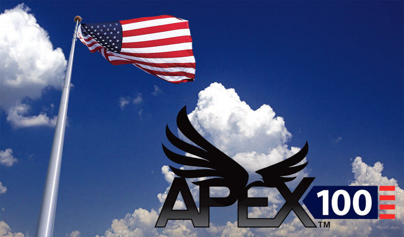 Load image into Gallery viewer, Graphic featuring the Apex Series 100 Internal Halyard Aluminum Flagpole flying the American flag, with the Apex 100 logo overlay against a blue sky.