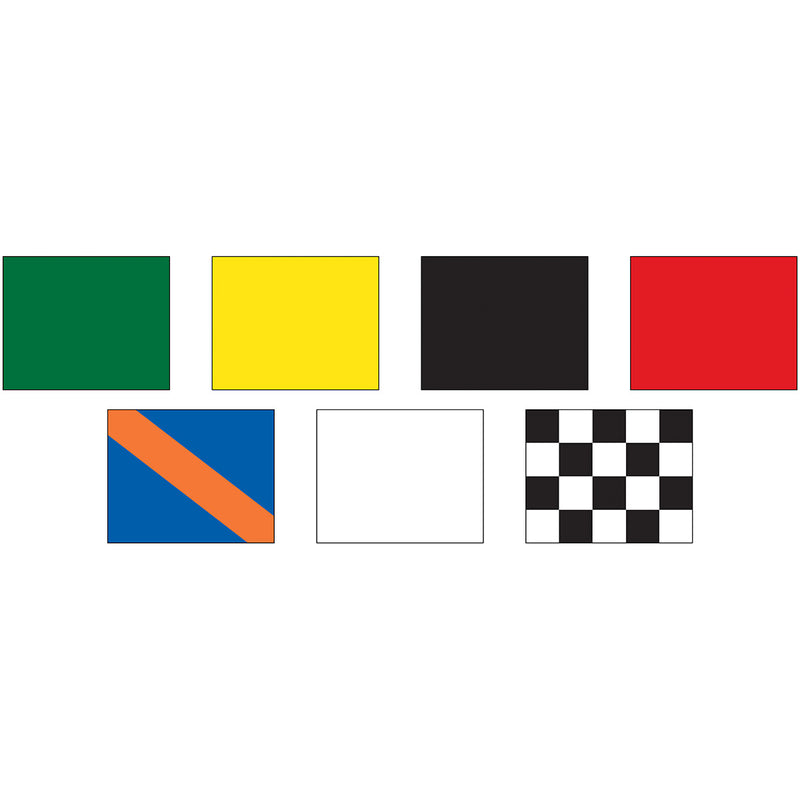Load image into Gallery viewer, A chart displaying all seven designs in the auto racing flag set: green, yellow, black, red, blue with orange stripe, white, and checkered.