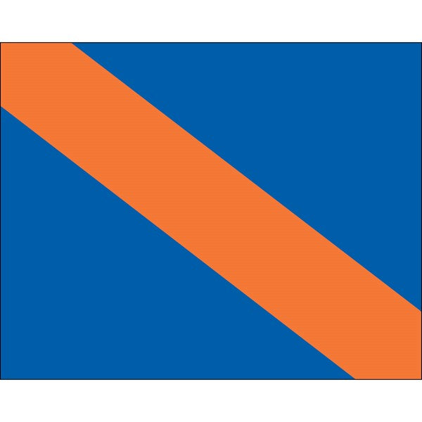 Load image into Gallery viewer, The blue auto racing flag with a diagonal orange stripe, used to signal a lapped driver to yield to faster cars.