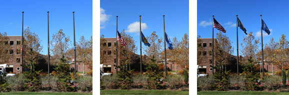 Load image into Gallery viewer, A sequence of three images demonstrating the automatic flagpole system, showing the flags raising from the bottom to the top of the poles.