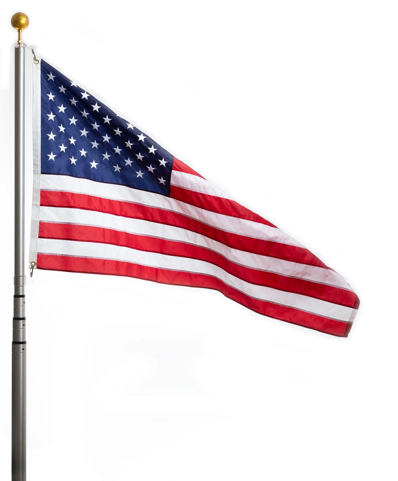 Load image into Gallery viewer, Telescoping aluminum flagpole displaying the American flag with a gold ball topper.