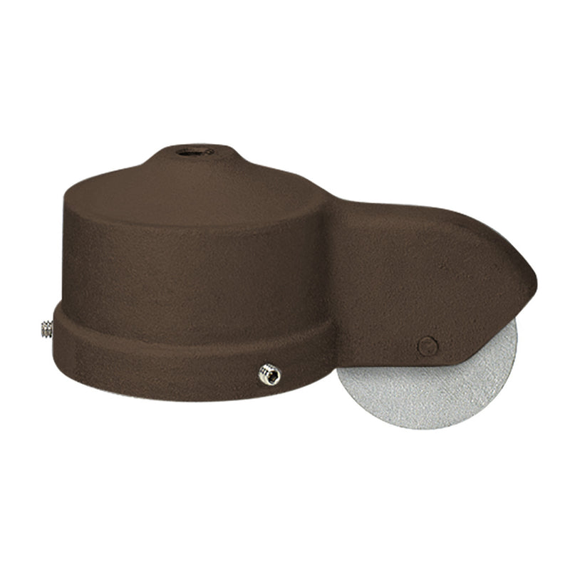 Load image into Gallery viewer, Bronze colored cap-style single stationary flagpole truck, a Made in the USA casting with one stationary pulley wheel for a traditional external flag rope system.