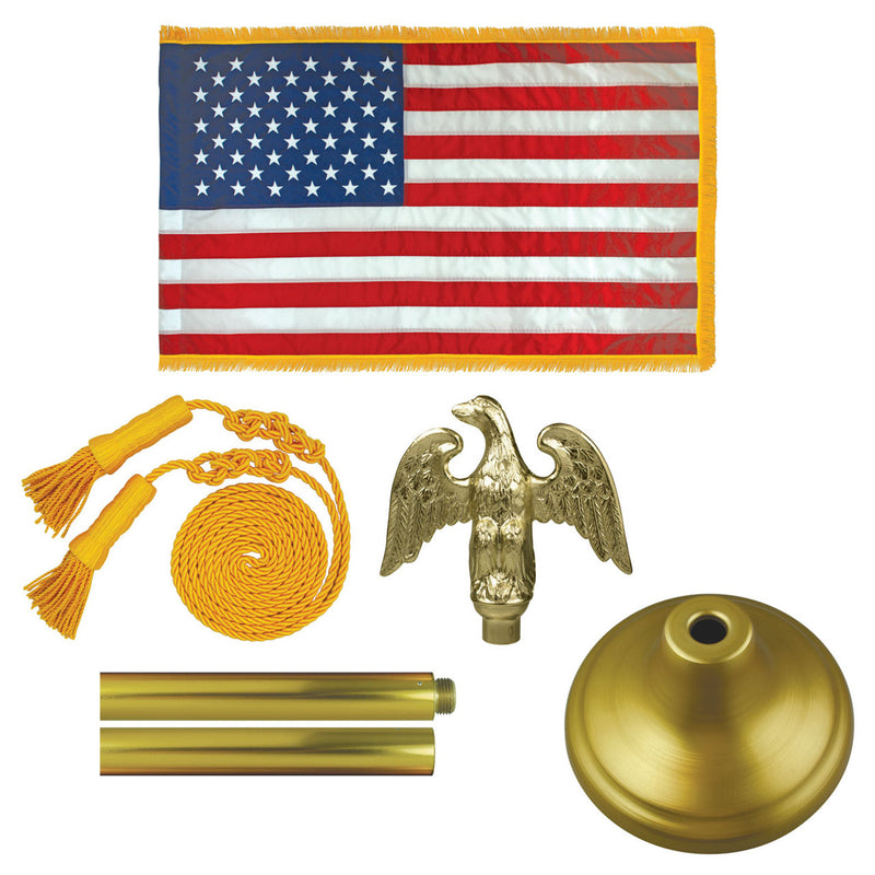 Load image into Gallery viewer, Components of the Deluxe U.S. Indoor Flag Set showing the American flag (with fringe), gold cord and tassels, gold eagle finial, gold base, and gold aluminum pole sections.