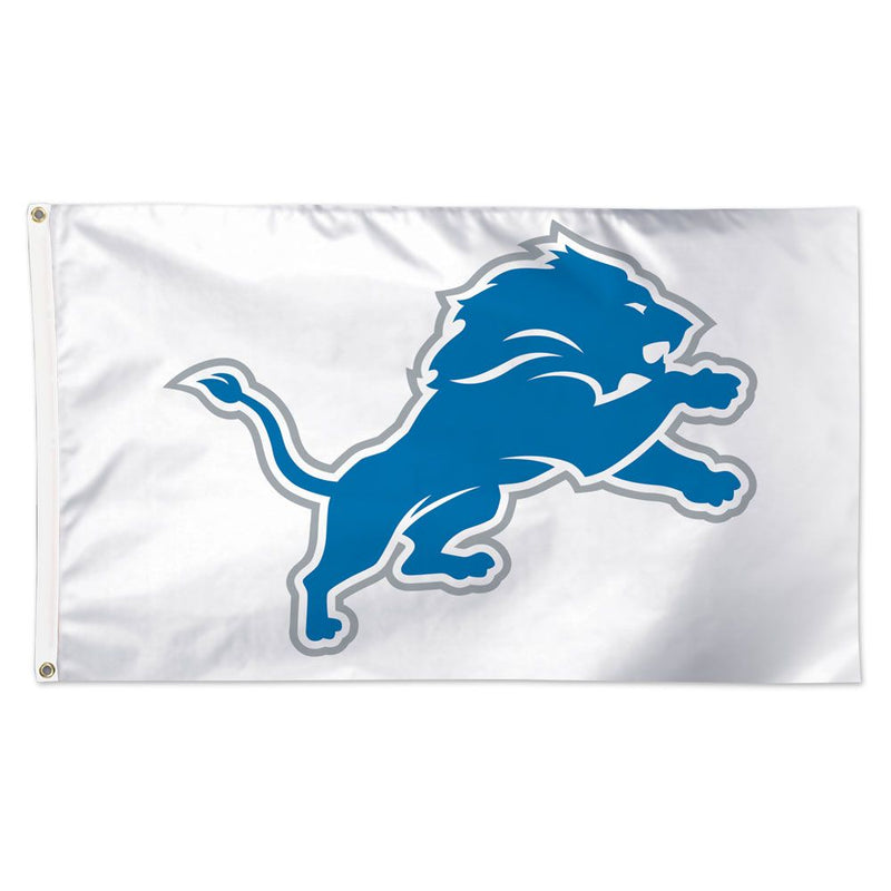 Load image into Gallery viewer, Deluxe 3x5 Detroit Lions NFL Sport Flag on a silver/white background, centered with the team's official leaping blue lion logo outlined in grey.