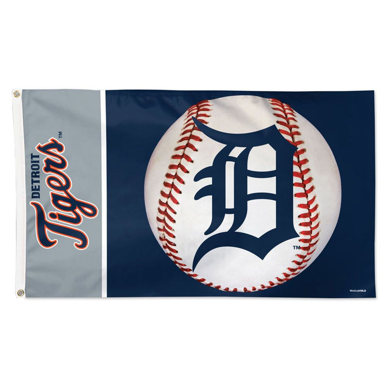 Load image into Gallery viewer, Deluxe 3x5 Detroit Tigers MLB Sport Flag featuring the navy blue 'D' logo superimposed on a baseball, next to a vertical grey bar with the "Detroit Tigers" script.