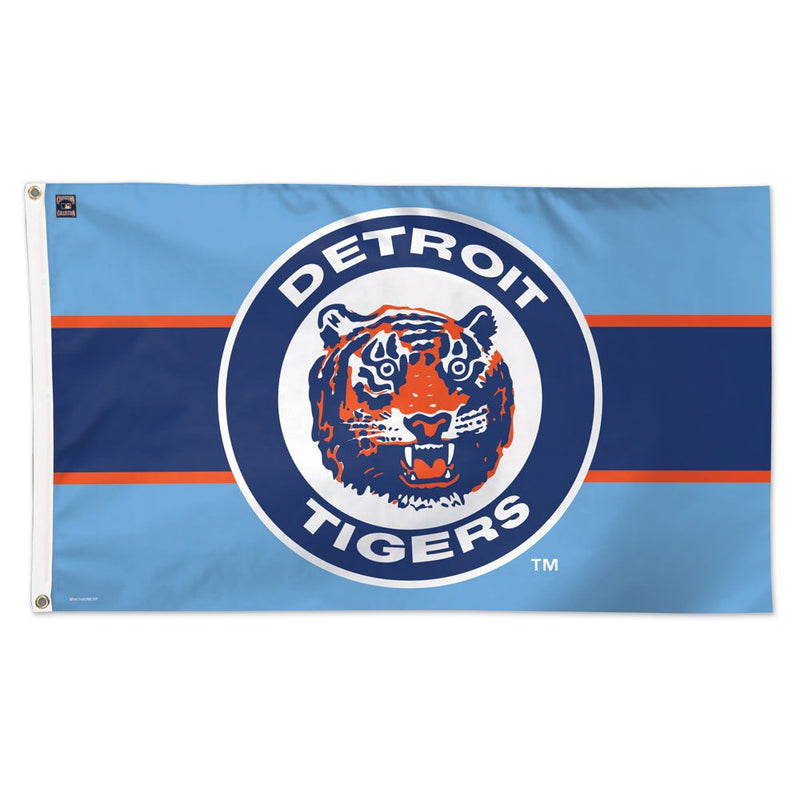 Load image into Gallery viewer, Deluxe 3x5 Detroit Tigers Cooperstown MLB Sport Flag, featuring a light blue field with horizontal orange and navy stripes, and the vintage tiger head logo centered in a white ring.
