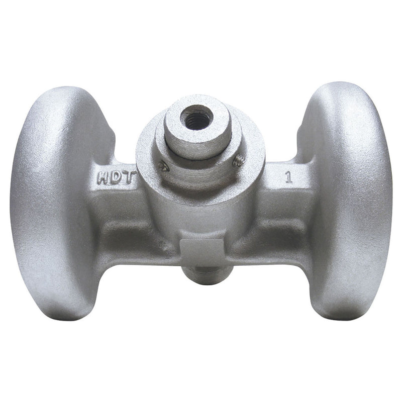 Load image into Gallery viewer, Top-down view of the silver HDT-2 Double Pulley Flagpole Truck, showing the two prominent pulley wheels, the central spindle where the finial threads on, and the engraved "HDT" identifier on the casting.