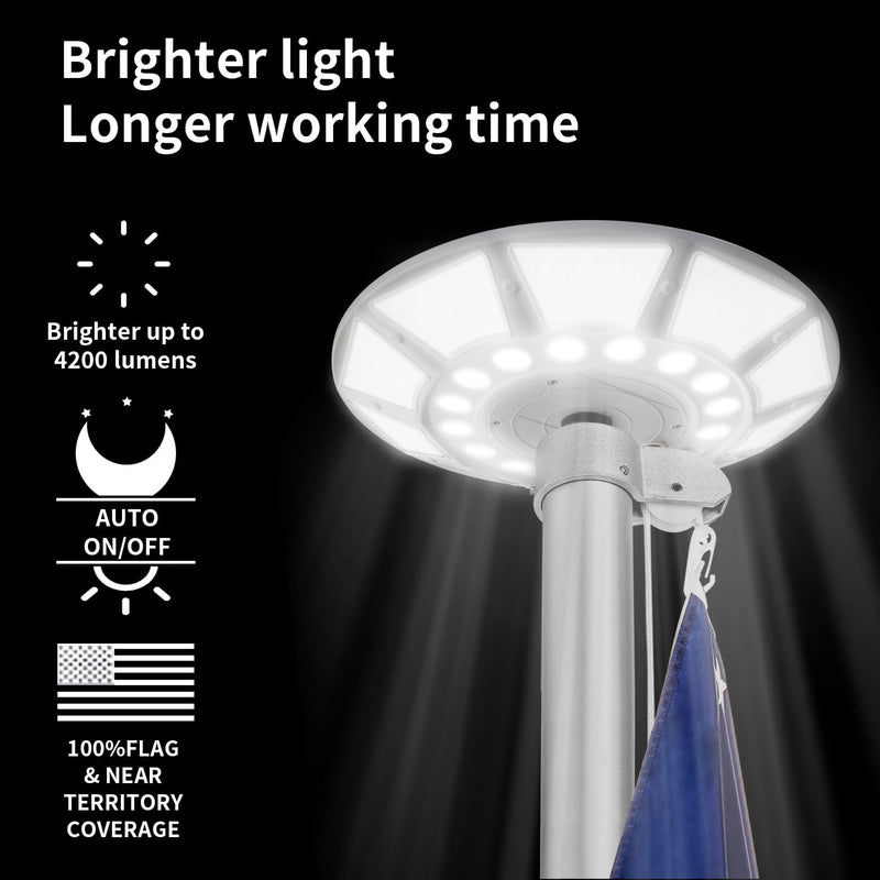 Load image into Gallery viewer, Elite Deluxe Solar Disk Light illuminating a flagpole at night, showcasing bright 4200-lumen coverage and automatic dusk-to-dawn operation.