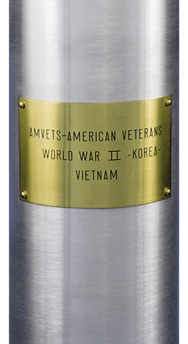 Load image into Gallery viewer, Curved, engraved brass memorial plaque plate secured with four brass screws onto a brushed silver flagpole. The plaque honors American Veterans (AMVETS) of World War II, Korea, and Vietnam.