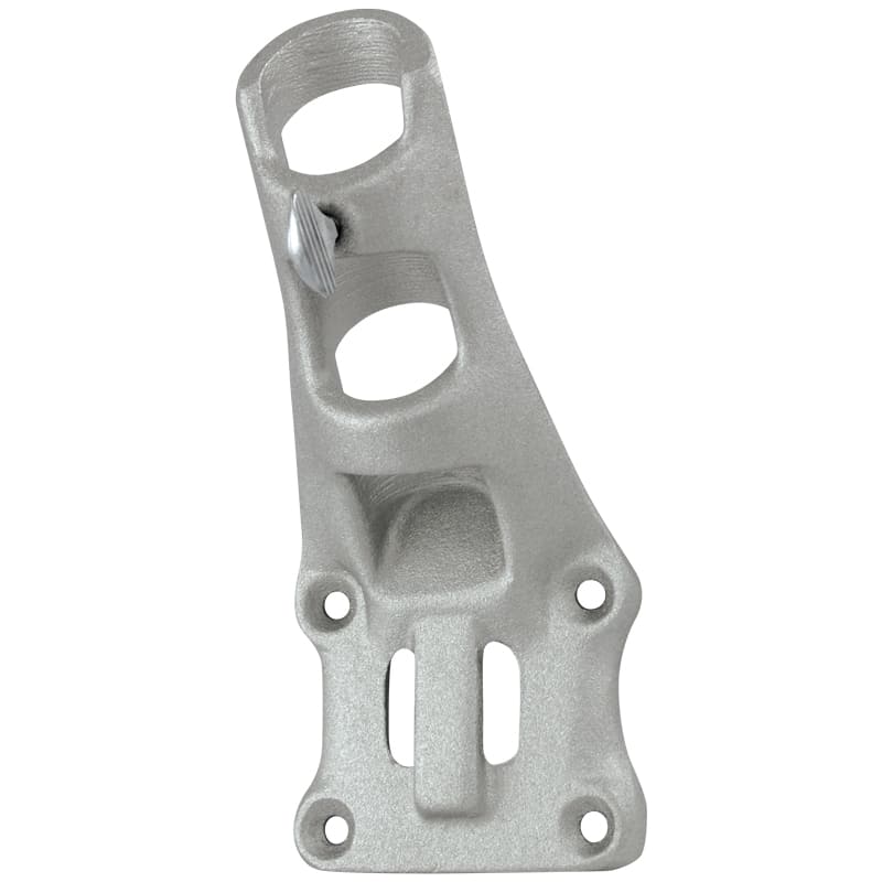 Load image into Gallery viewer, Single EWC Aluminum Bracket with a durable silver-cast finish, designed for flagpoles. The bracket features two angled mounting positions, a curved design, and a prominent thumbscrew for securely locking the flag pole in place.