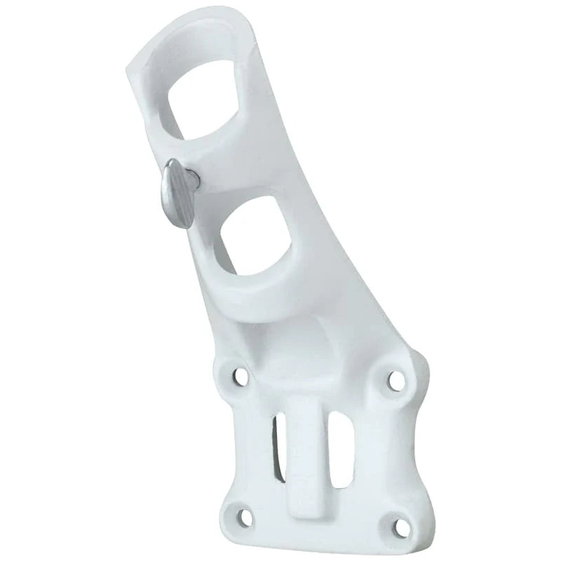 Load image into Gallery viewer, Single EWC Aluminum Bracket in a bright white powder-coated finish. This curved flagpole bracket includes five bolt holes for wall mounting, two holes for angled flag display, and a silver thumbscrew for adjustment.