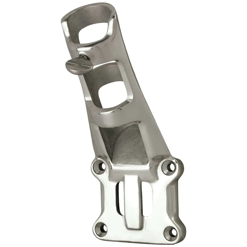 Load image into Gallery viewer, Single EWC Stainless Steel Bracket with a highly polished, mirror-like chrome finish. The heavy-duty wall-mount bracket offers dual-angle flag display options and is secured by a round thumbscrew at the top pole slot.