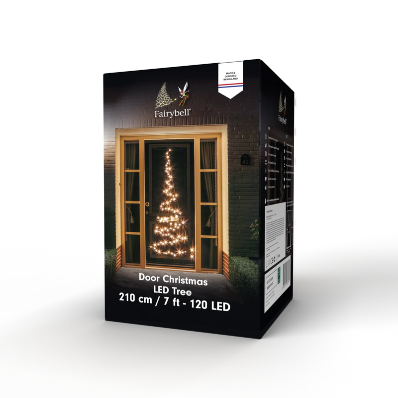 Load image into Gallery viewer, Retail packaging of the Fairybell warm white door Christmas tree, featuring 7-foot design with 120 LEDs made in Holland.