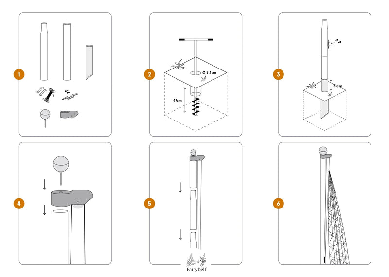 Load image into Gallery viewer, Six-step diagram illustrating the assembly and ground staking process for the Fairybell Sectional Aluminum Pole.