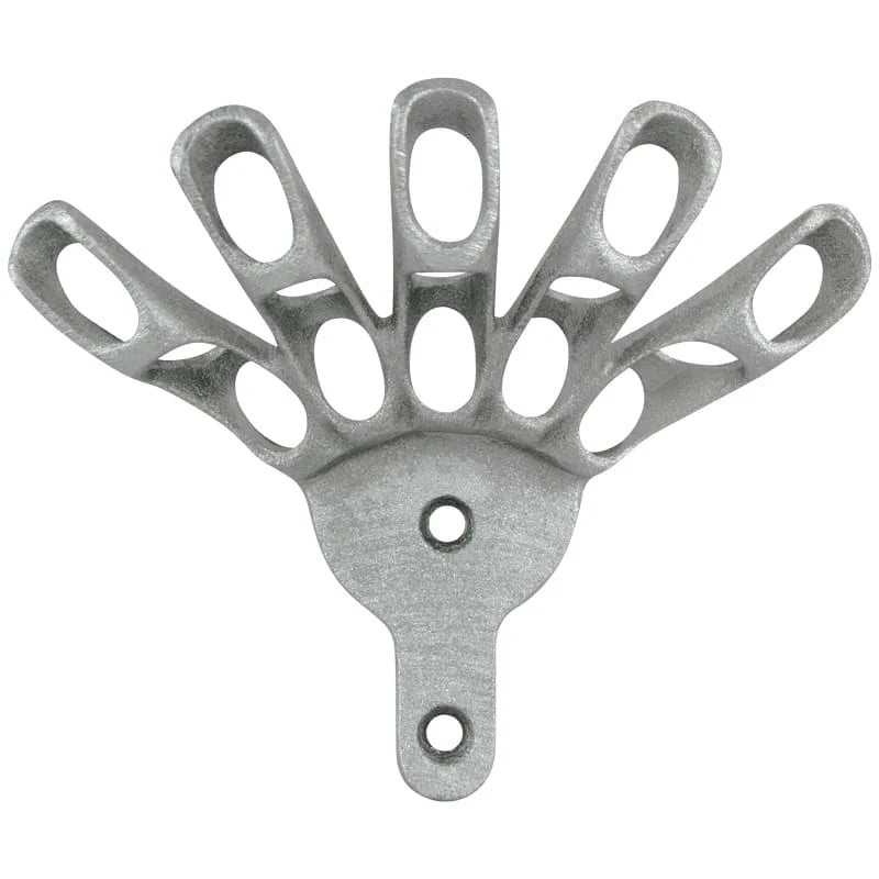Load image into Gallery viewer, Five-position, cast aluminum Finger Bracket with five separate, angled slots resembling an open hand. The silver bracket includes a single center mounting hole and a hole on the extended base for securing a ceremonial display of flags.