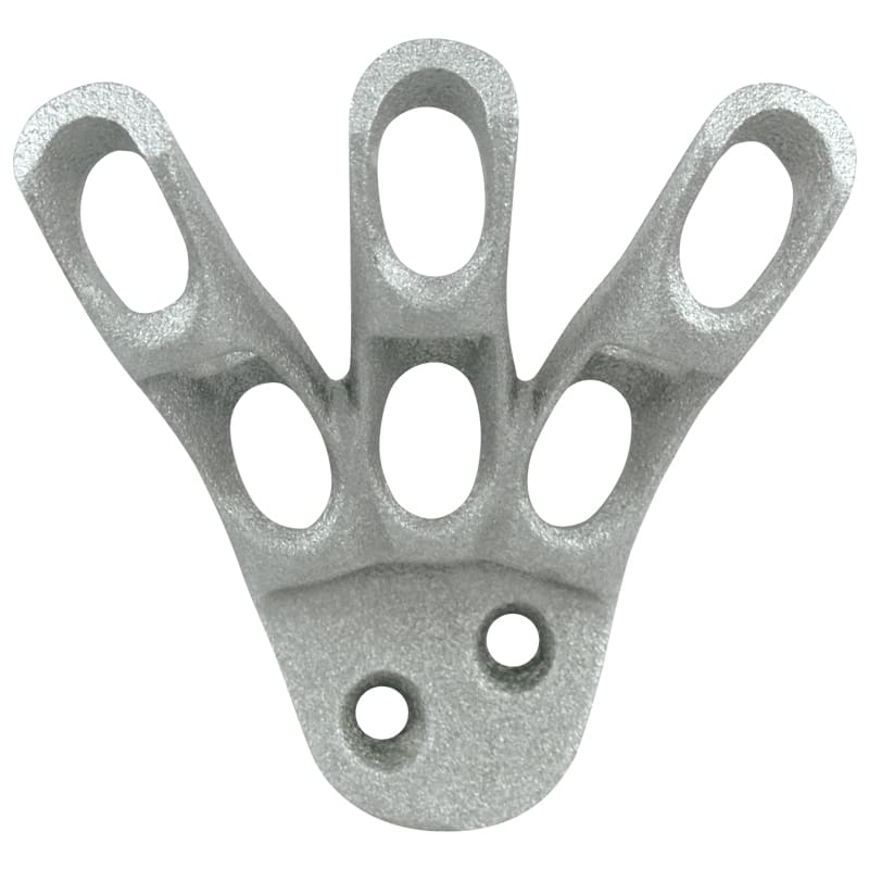 Load image into Gallery viewer, Three-position, cast aluminum Finger Bracket with a rough silver texture, featuring three angled slots for flagstaffs and two circular holes at the base for wall mounting.