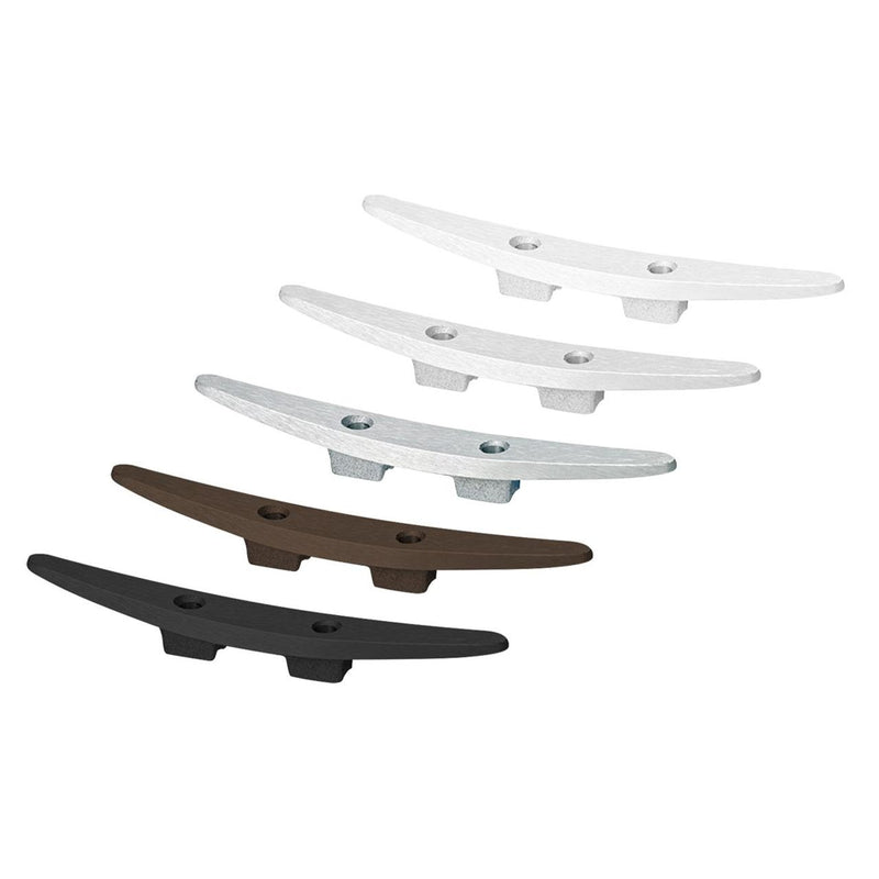 Load image into Gallery viewer, Stack of five Cast Aluminum Flagpole Cleats, showing the available finish options: white, silver, raw aluminum, dark brown/bronze, and black. Each cleat features a classic boat cleat shape and two counter-sunk mounting holes.
