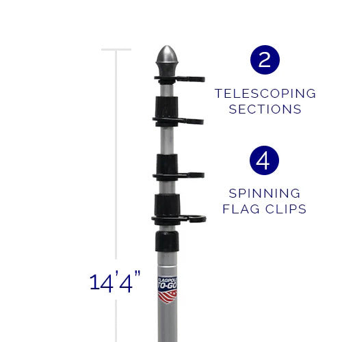 Load image into Gallery viewer, Specification diagram for the medium size Flagpole-To-Go Portable Telescoping Flagpole measuring 14'4". The pole features two main telescoping sections and four spinning flag clips for secure, tangle-free flag display.