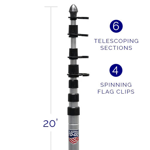 Load image into Gallery viewer, Specification diagram for the largest Flagpole-To-Go Portable Telescoping Flagpole measuring 20' fully extended. The pole structure is shown with six telescoping sections and four spinning flag clips for anti-wrap display.