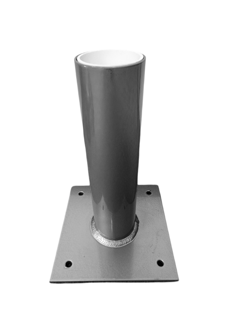 Load image into Gallery viewer, Welded steel Flagpole Top Deck/Dock Mount base. The heavy-duty mount features a smooth, tall cylindrical sleeve and a square, flat base plate with four visible bolt holes, sitting on a carpeted surface.