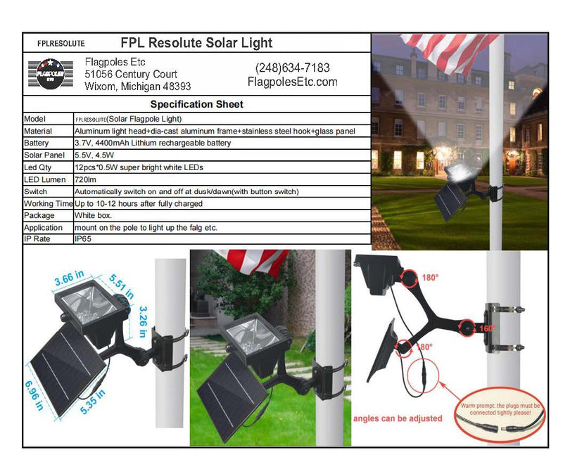 Load image into Gallery viewer, Specification sheet for the FPL Resolute Solar Flagpole Light (720 lumens), detailing key features including the 4400mAh lithium battery, 12 super bright white LEDs, IP65 rating, and multiple diagrams illustrating the adjustable arm and pole mounting with adjustable angle measurements.