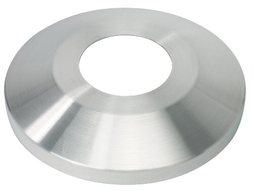 Load image into Gallery viewer, Single heavy-duty cast aluminum flagpole flash collar shown from an oblique angle, highlighting its conical shape and brushed silver finish. This collar is used to cover the foundation sleeve opening at the base of the flagpole for a clean, decorative appearance.