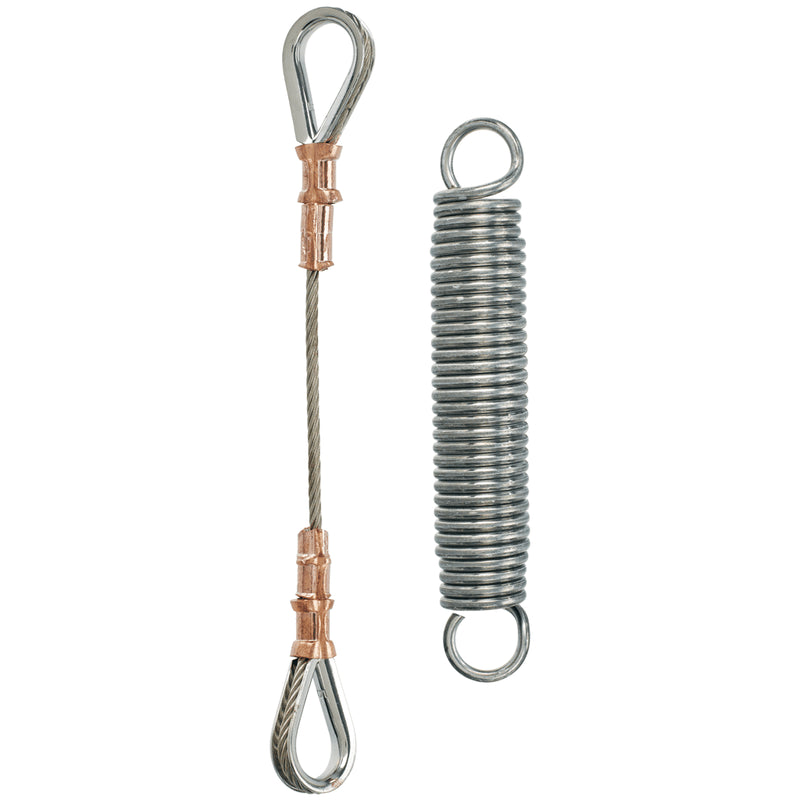Load image into Gallery viewer, Close-up of two individual components for heavy-duty flagpole flag arrangement: a short cable pigtail (jump-wire) with copper crimps and looped ends, next to a large, tightly wound spring tensioner used to absorb wind stress and maintain flag tautness.