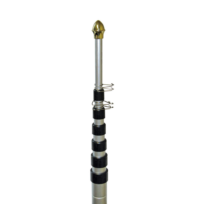 Load image into Gallery viewer, Close-up of the fully extended Hide-A-Pole telescoping flagpole, showing the silver aluminum sections secured by black locking collars. The pole includes two sets of metal flag rings and is topped with a decorative gold-tone finial.