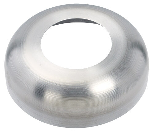 Load image into Gallery viewer, A detailed top-down view of the high-profile flagpole flash collar, made of durable brushed aluminum. The collar features a wide, sharply tapered conical shape designed to provide a decorative and elevated cover for a flagpole base plate.