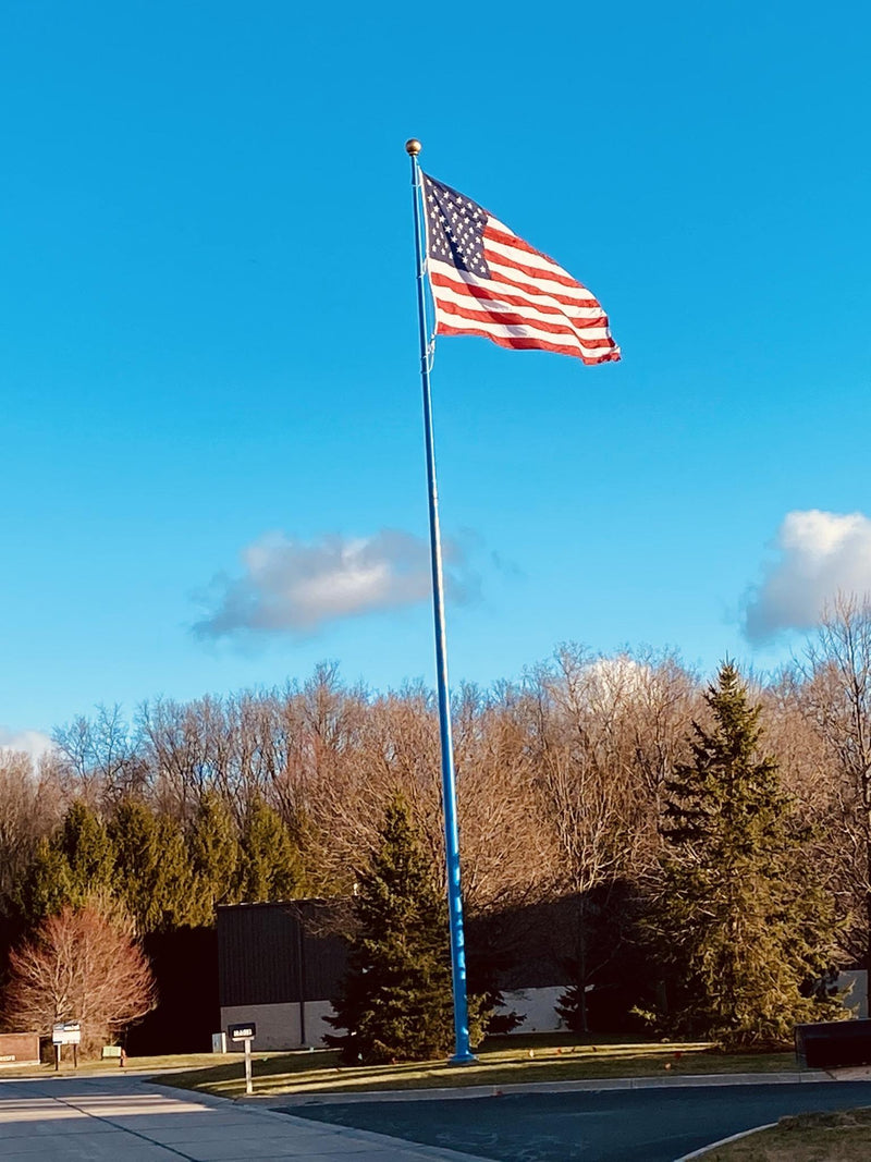 Load image into Gallery viewer, American flag waving on a flagpole against a clear blue sky with trees in the background.