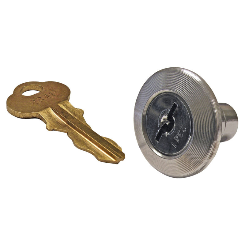 Load image into Gallery viewer, Brass key and matching chrome-plated key lock cylinder assembly for a winch mechanism.