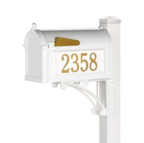 Load image into Gallery viewer, Superior package-sized white mailbox on a matching white post. The curbside mailbox features large gold address numbers (2358) on the front door and a white decorative scroll bracket for support.