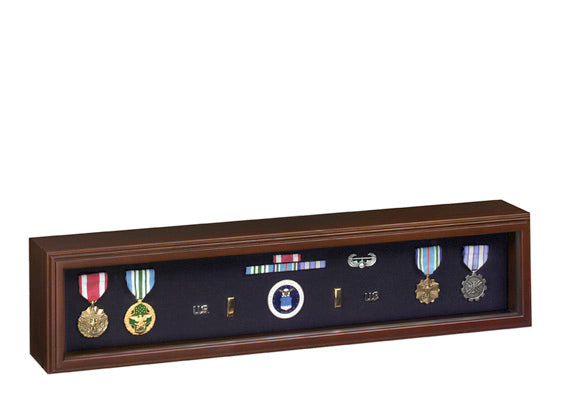 Load image into Gallery viewer, Horizontal, dark wood medal display case showcasing full-sized military medals, ribbon bars, an Air Force seal, and various insignia pins on a black velvet background.