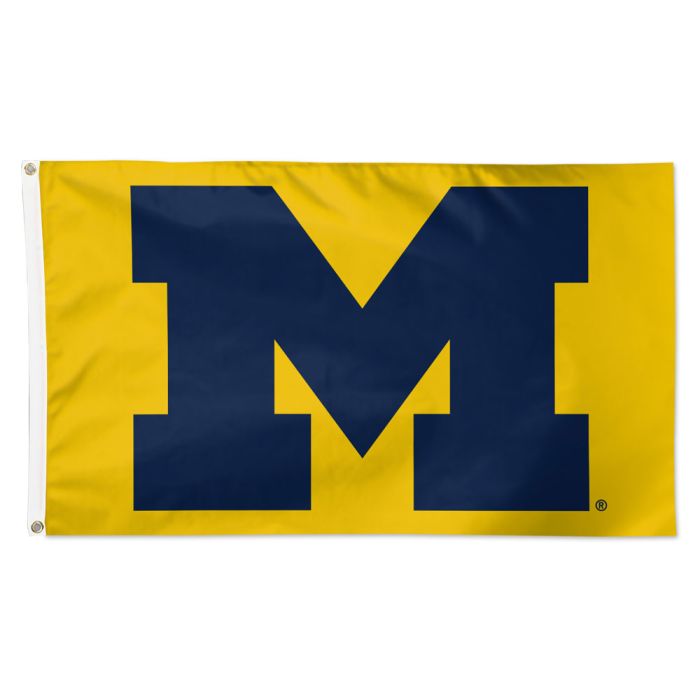 Load image into Gallery viewer, Deluxe 3x5 NCAA Michigan Wolverines Flag showing the navy blue "M" logo on a gold field.