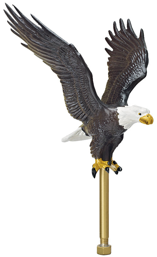 Load image into Gallery viewer, Cast aluminum eagle flagpole ornament with a bronze finish, white head, and yellow beak, shown mounted on a long gold spindle without the ball.