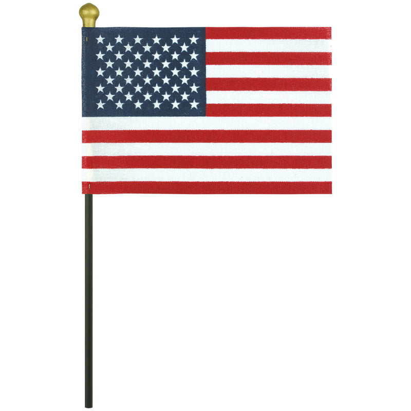 Load image into Gallery viewer, Poly-cotton U.S. stick flag with no-fray edges, mounted on a black wood staff and topped with a gold ball finial, ideal for handheld patriotic displays.