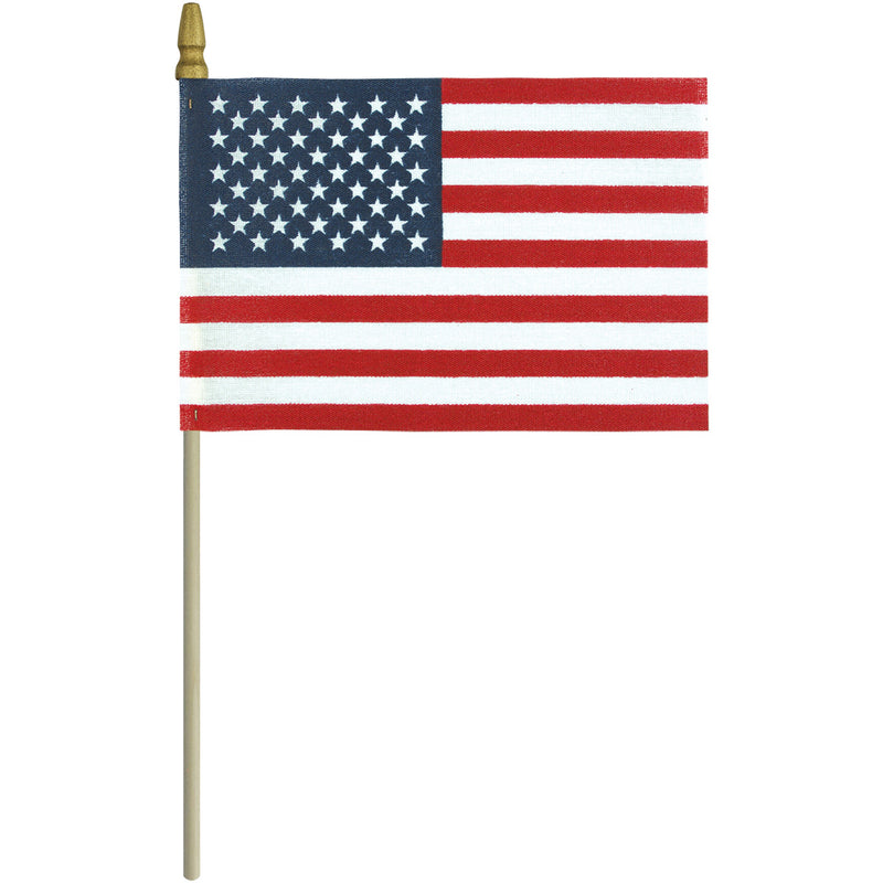 Load image into Gallery viewer, American stick flag made from no-fray poly-cotton with a gold spear top and wooden staff, featuring vibrant red, white, and blue colors and sewn edges.