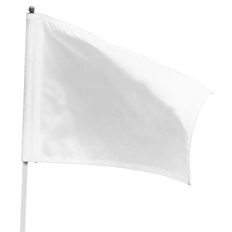 Load image into Gallery viewer, Single solid white nylon golf flag mounted on a short flagpole, showing the tube-style header and material texture.