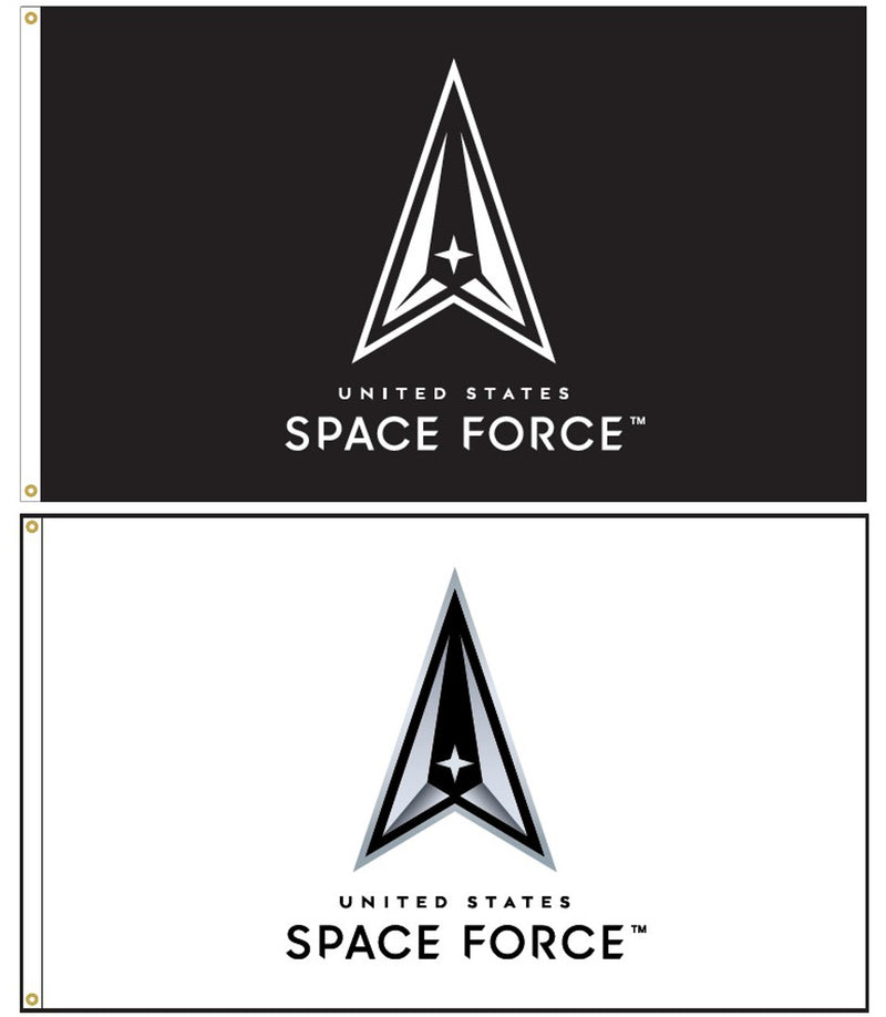 Load image into Gallery viewer, Nylon United States Space Force flag featuring the official delta insignia with a white star at the center and the words “United States Space Force” below, shown in both black and white versions.