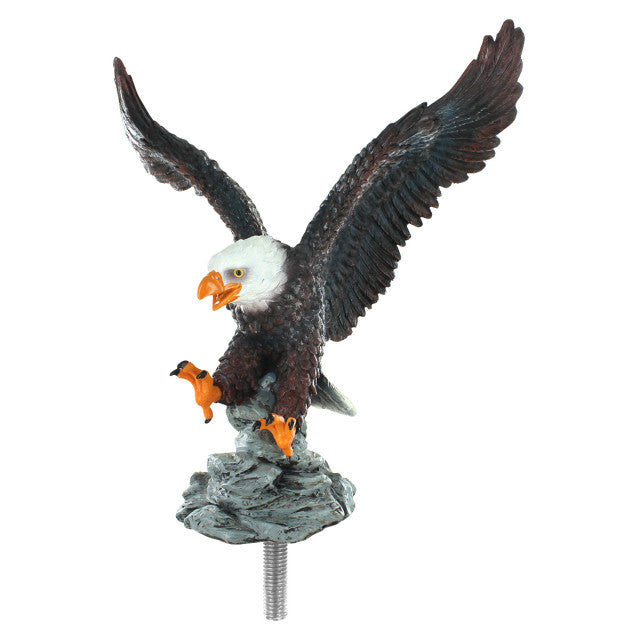 Load image into Gallery viewer, Hand-painted Resin Landing Eagle Flagpole Ornament with black and brown body, white head, and orange talons gripping a rock base.