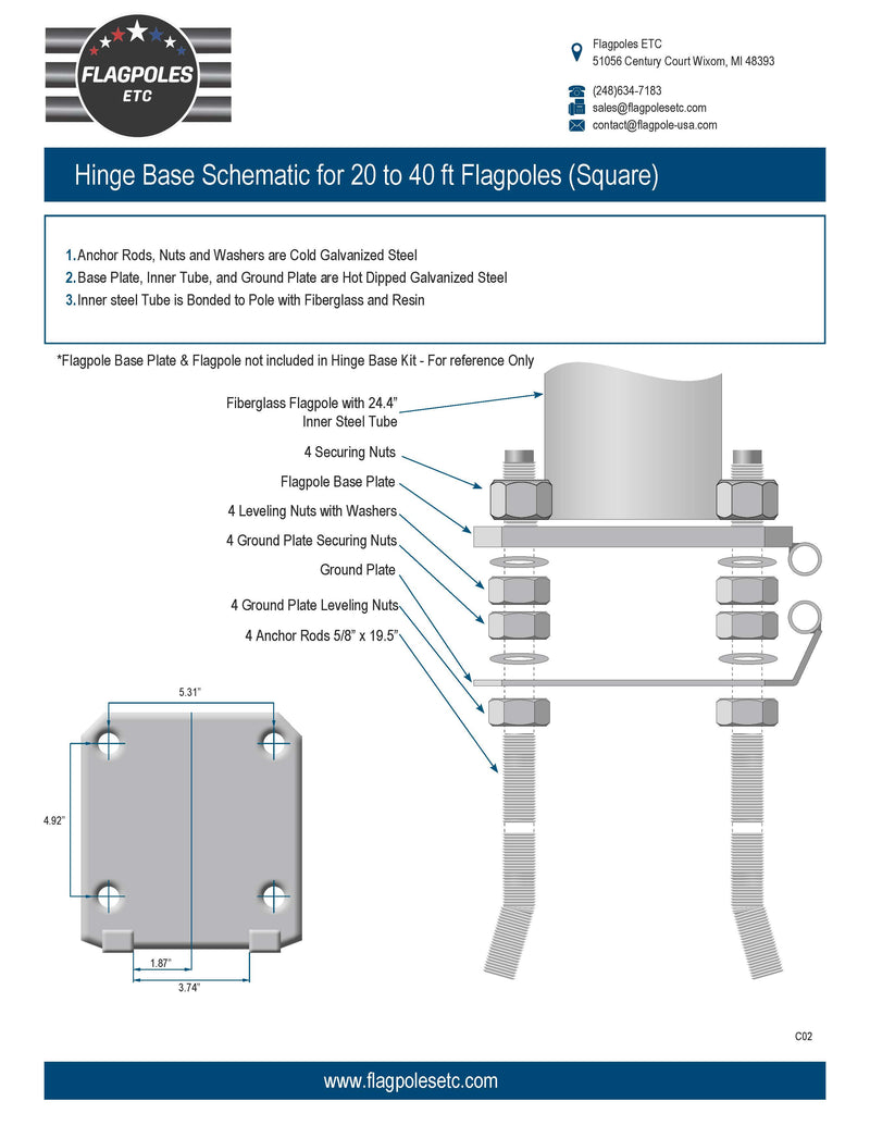 Load image into Gallery viewer, Technical schematic diagram showing the components and anchor rod dimensions for the Square Fiberglass Hinge Base Kit.