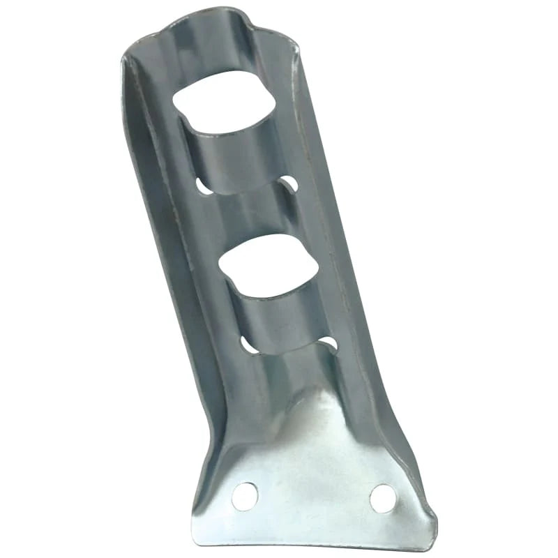 Load image into Gallery viewer, Galvanized silver Stamped Steel Bracket designed to display two flags, showing two mounting screw holes at the base.