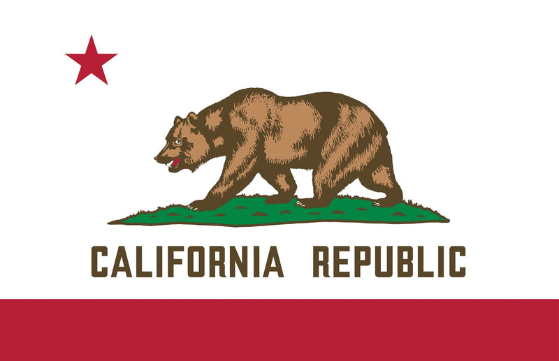 Load image into Gallery viewer, High-quality ceremonial Indoor Flag of California (The Bear Flag), featuring a bold, digitally printed brown Grizzly bear walking on green ground. The flag includes a prominent red star in the upper hoist and a wide red stripe along the bottom, with the phrase "CALIFORNIA REPUBLIC" displayed in dark lettering.