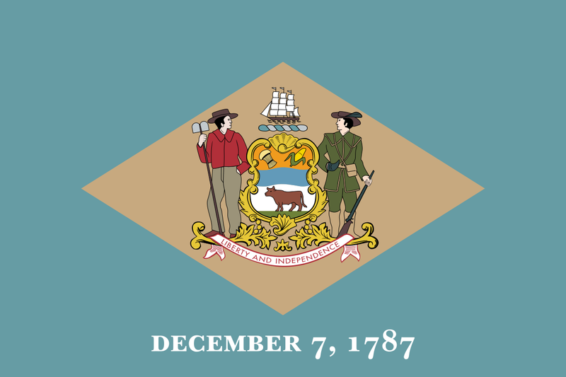 Load image into Gallery viewer, Delaware state flag featuring the state coat of arms on a buff diamond with a colonial blue background and the date “December 7, 1787” below.