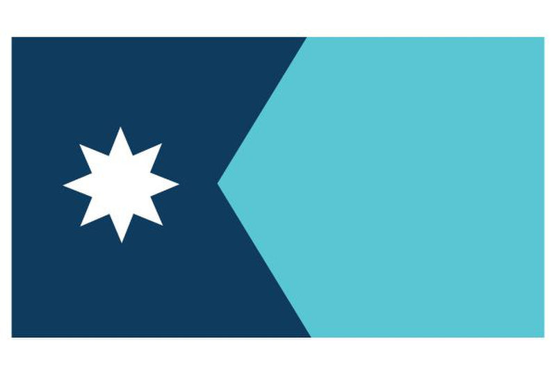 Load image into Gallery viewer, Minnesota state flag with a modern design featuring a white eight-pointed star on a dark blue field and a light blue shape extending from the center to the right side.