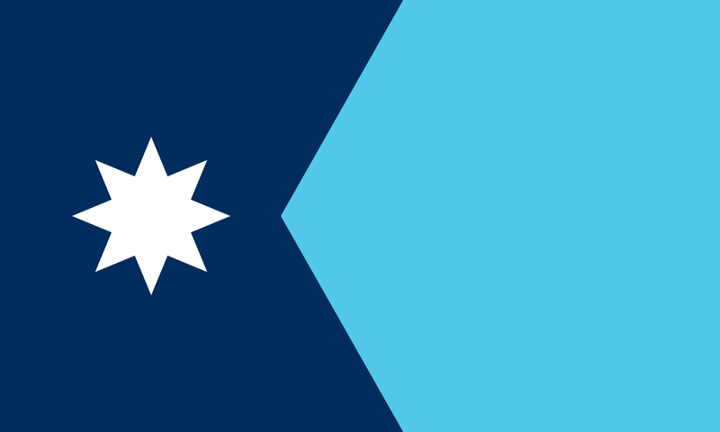 Load image into Gallery viewer, Minnesota state flag with a modern design featuring a white eight-pointed star on a dark blue field and a light blue shape extending from the center to the right side.